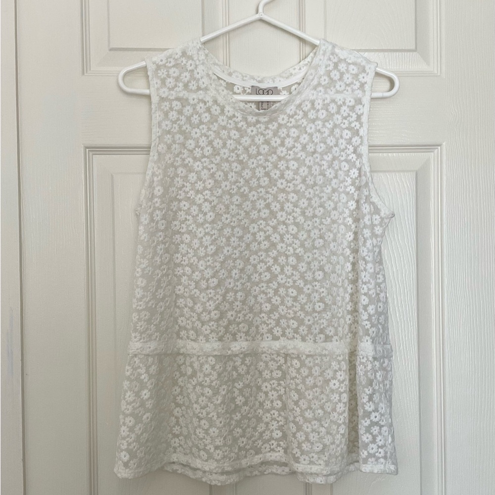 Logo by Lori Goldstein Mesh Peplum Sleeveless Top Lace Floral White M